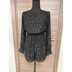 Express Black Sheer Polka Dot Romper Size Small Long Sleeve Elastic Waist